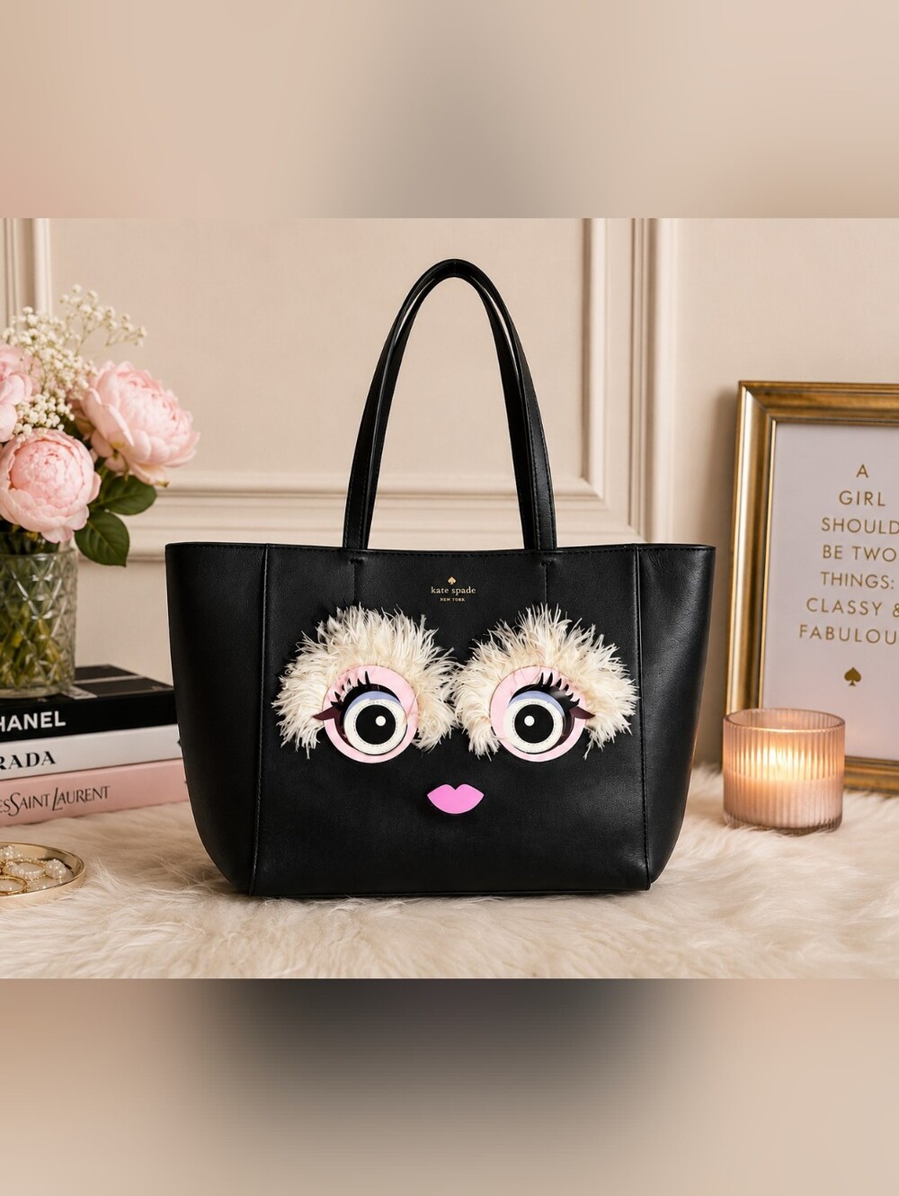 kate spade Black Tote with Fluffy Eye Appliqués and Pink Lip
